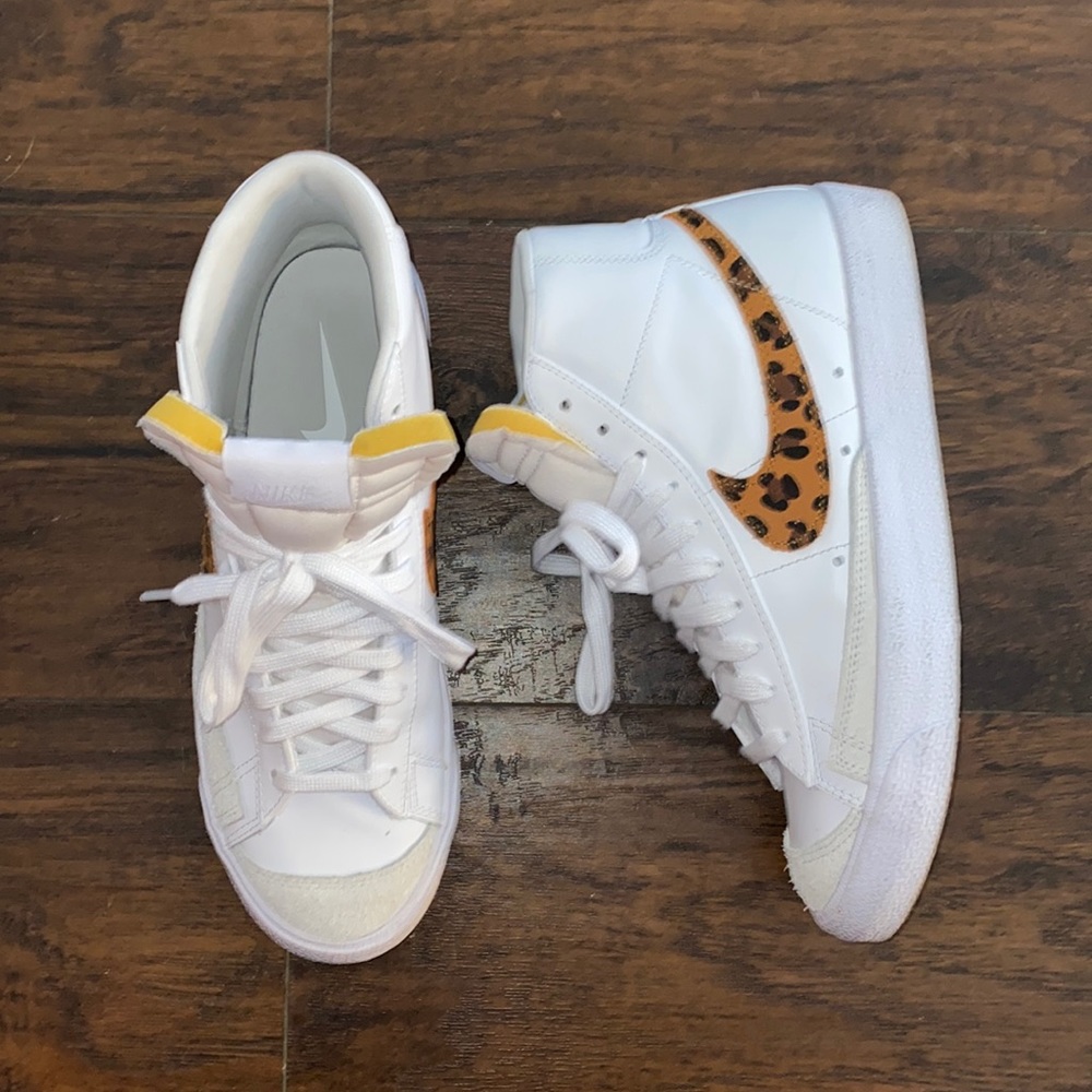 Nike White and Leopard Print High-Top Sneakers